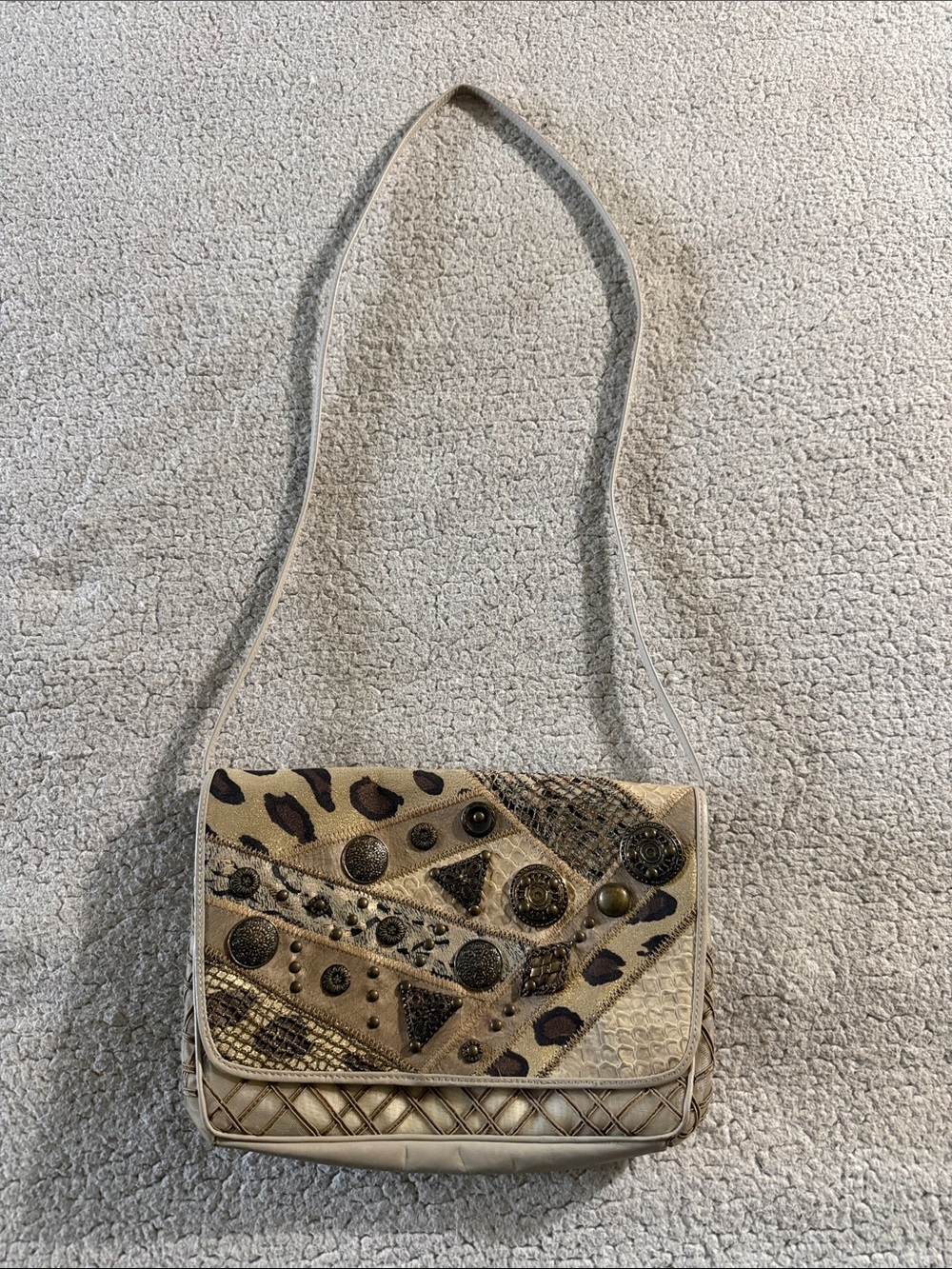Vintage Brizzolari Leather Beige Patchwork Animal-Print Shoulder Bag